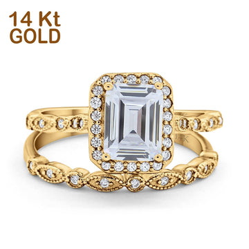 14K Yellow Gold Emerald Cut Bridal Set Ring Band Engagement Two Piece Simulated CZ